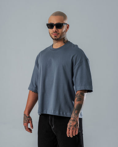 Camiseta Boxy Fit Básica Azul Rochoso