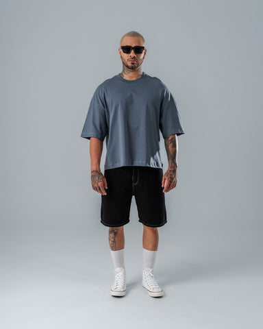 Camiseta Boxy Fit Básica Azul Rochoso