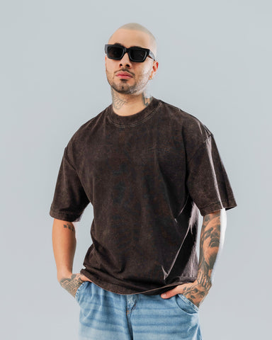 Camiseta Oversize Básica Café Acid Wash