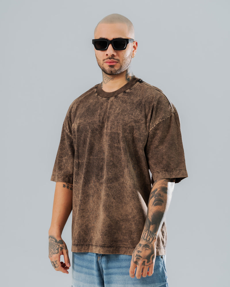 Camiseta Oversize Básica Marrón Acid Wash