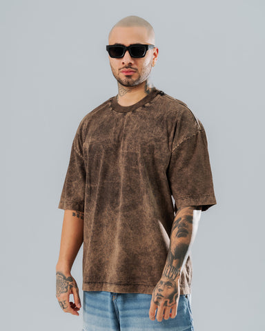 Camiseta Oversize Básica Marrón Acid Wash