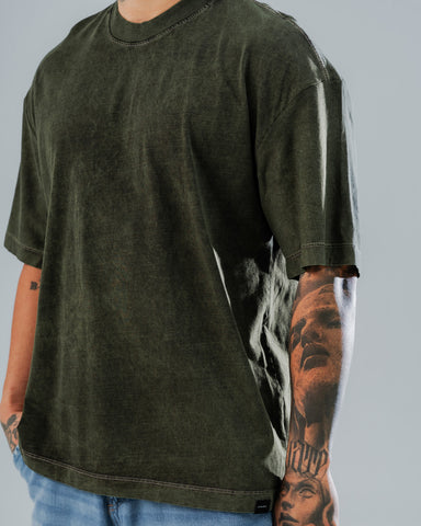 Camiseta Oversize Básica Verde Militar Acid Wash