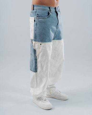 Jeans Baggy Para Hombre Azul Con Cortes Blancos