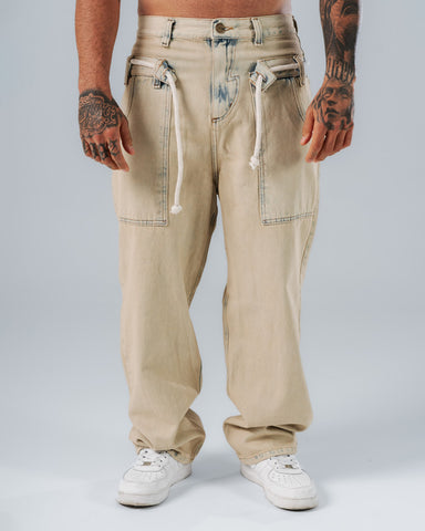 Jeans Baggy Con Efecto Lavado Correa Tipo Cordón