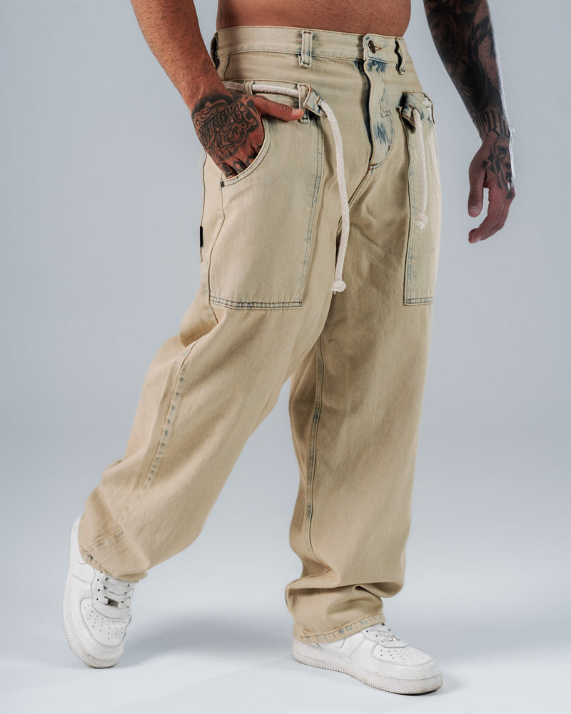 Jeans Baggy Con Efecto Lavado Correa Tipo Cordón